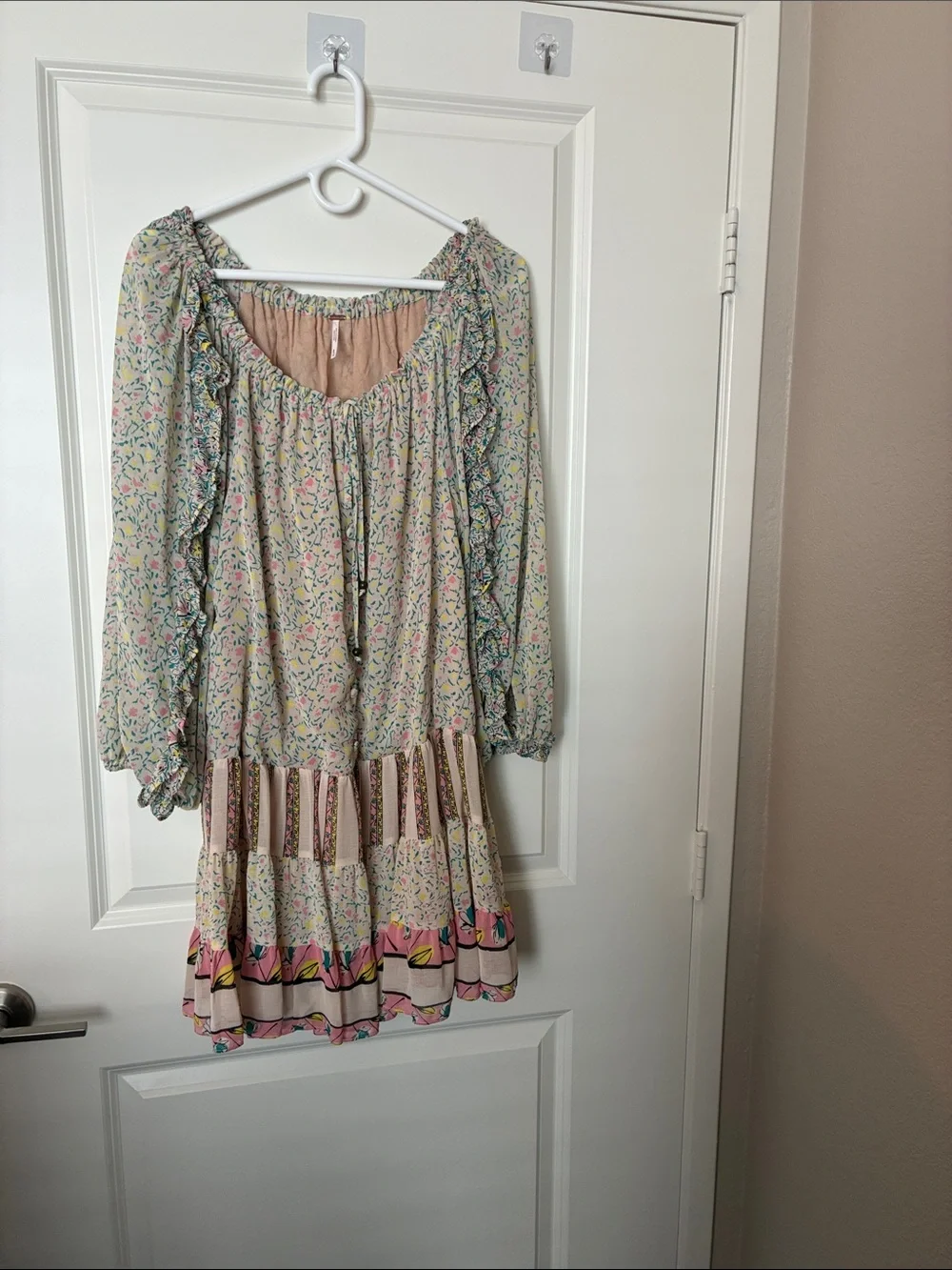 Free People sheer Yellow Pink Tan Floral Off Shoulder Dress